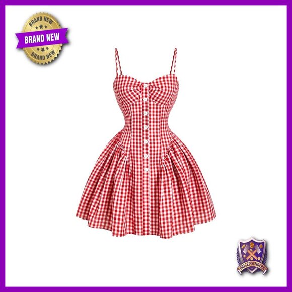 Dresses & Skirts - Plaid Cami Dress Spaghetti Strap Ruffle Hem Button Front Casual Chic